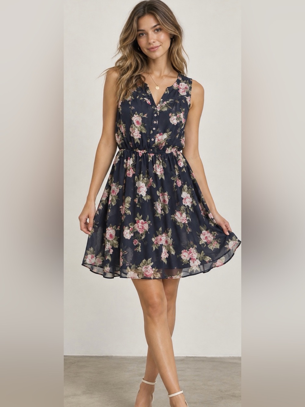 Abercrombie & Fitch Floral Sleeveless Navy Dress with Pink Rose Print Size M